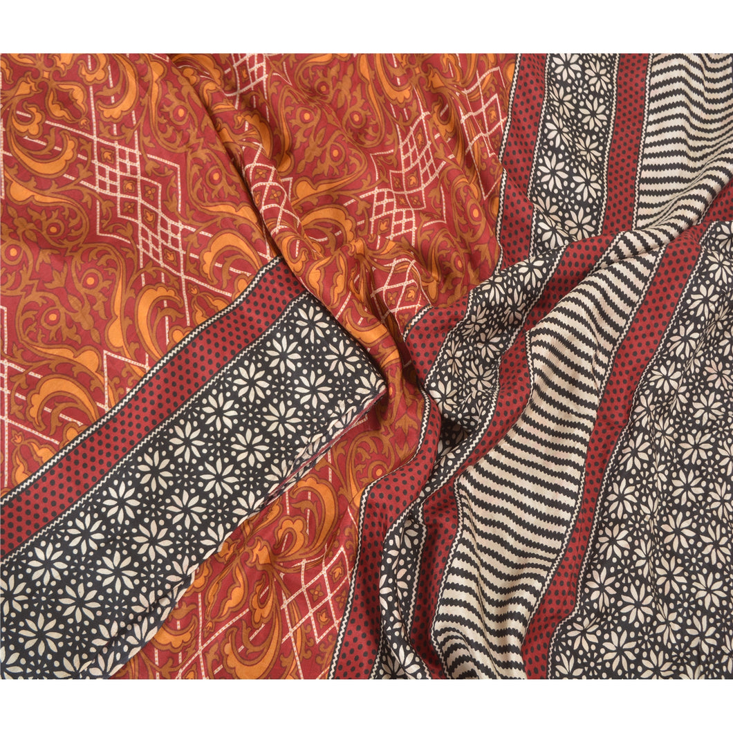 Sanskriti Vintage Dark Red Indian Sarees Pure Silk Printed Sari 5yd Craft Fabric