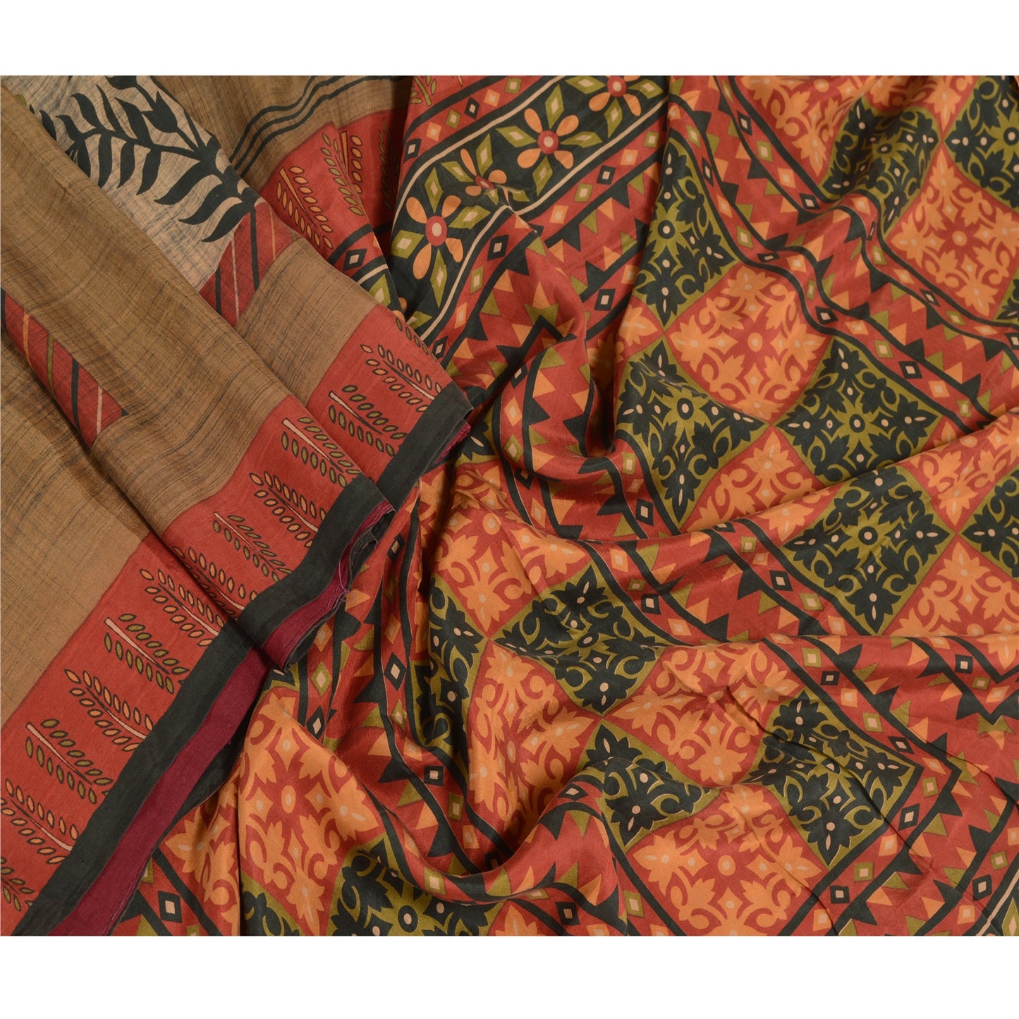 Sanskriti Vintage Dark Red Indian Sarees Pure Silk Printed Sari 5yd Craft Sustainable Fabric