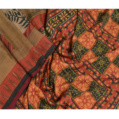 Sanskriti Vintage Dark Red Indian Sarees Pure Silk Printed Sari 5yd Craft Sustainable Fabric