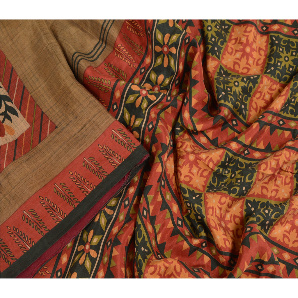 Sanskriti Vintage Dark Red Indian Sarees Pure Silk Printed Sari 5yd Craft Sustainable Fabric