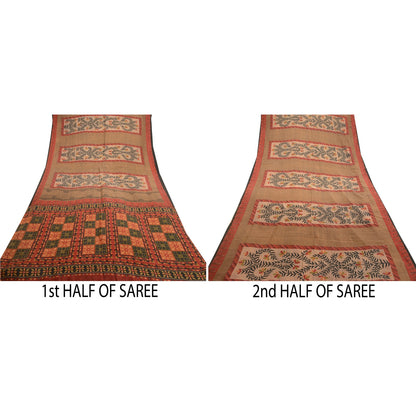 Sanskriti Vintage Dark Red Indian Sarees Pure Silk Printed Sari 5yd Craft Sustainable Fabric