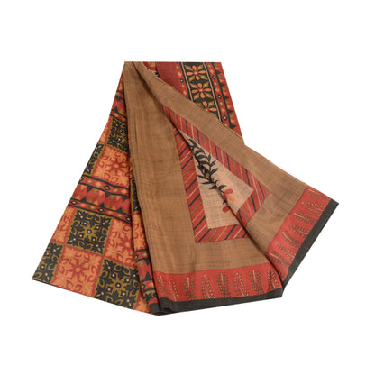 Sanskriti Vintage Dark Red Indian Sarees Pure Silk Printed Sari 5yd Craft Sustainable Fabric