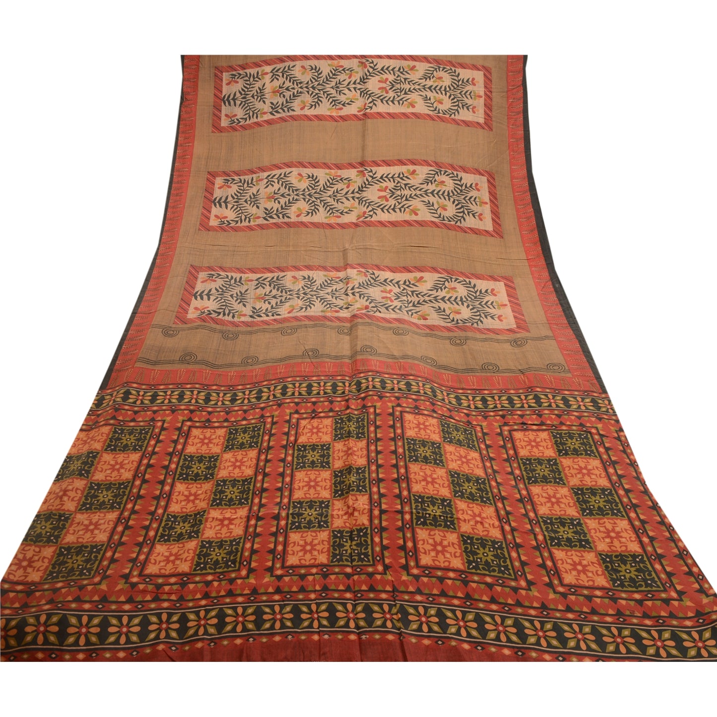 Sanskriti Vintage Dark Red Indian Sarees Pure Silk Printed Sari 5yd Craft Sustainable Fabric