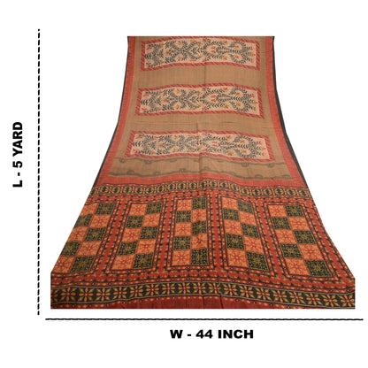 Sanskriti Vintage Dark Red Indian Sarees Pure Silk Printed Sari 5yd Craft Sustainable Fabric