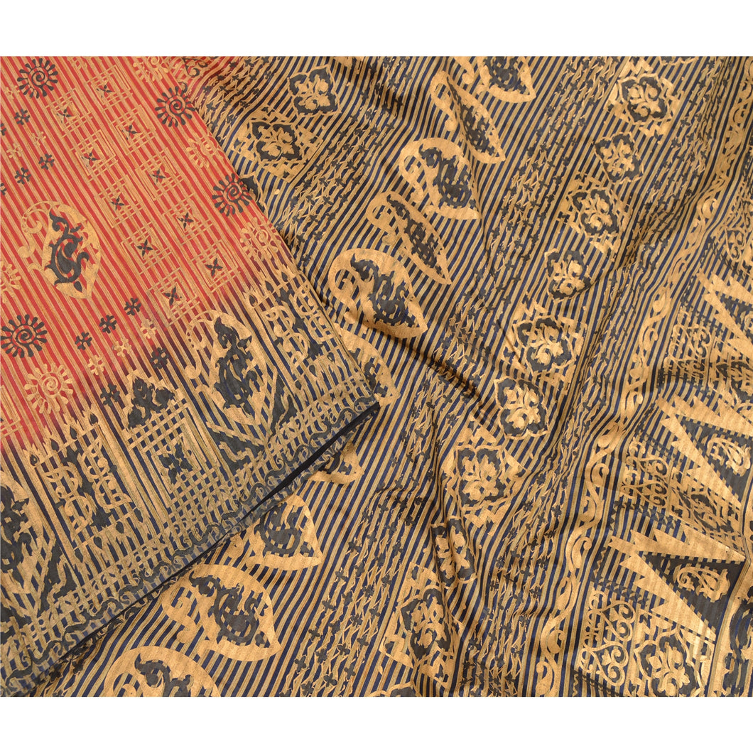Sanskriti Vintage Red Sarees Art Silk Painted Printed Sari Soft 5YD Craft Fabric