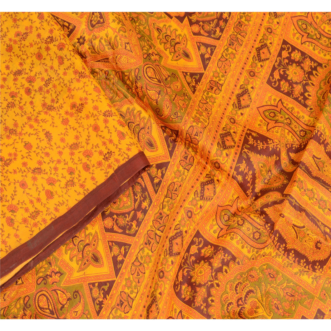 Sanskriti Vintage Yellow Sarees Pure Silk Printed Sari Floral 5yd Craft Fabric