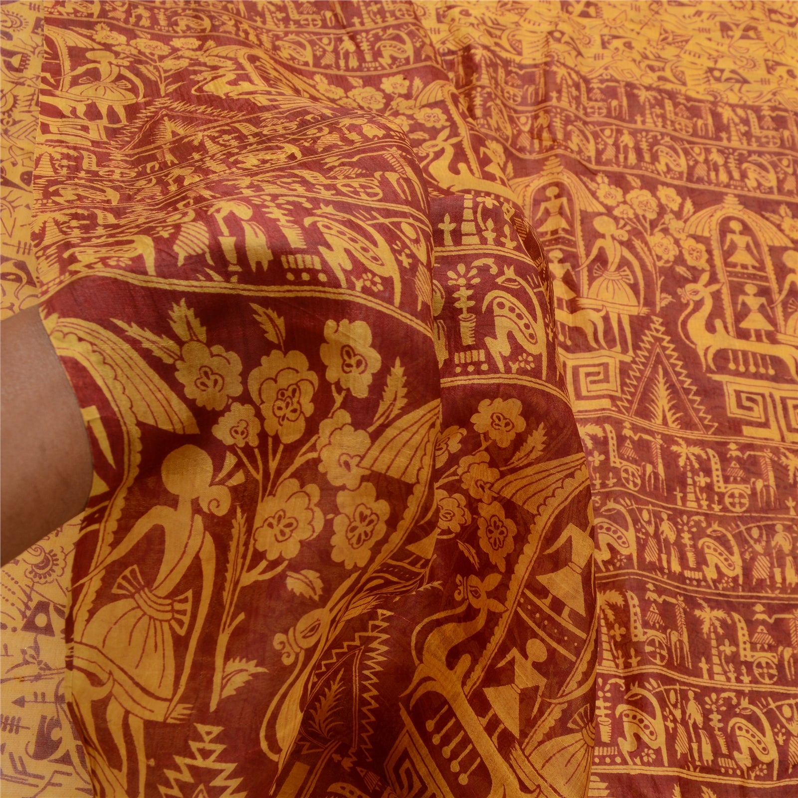 Sanskriti Vintage Yellow Sarees Pure Silk Wali Art Printed Sari 5yd Craft Sustainable Fabric