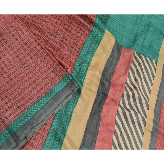 Sanskriti Vintage Dark Red Sarees Pure Silk Printed Sari Soft 5YD Craft Sustainable Fabric