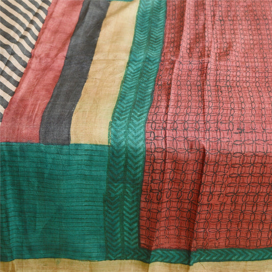 Sanskriti Vintage Dark Red Sarees Pure Silk Printed Sari Soft 5YD Craft Sustainable Fabric