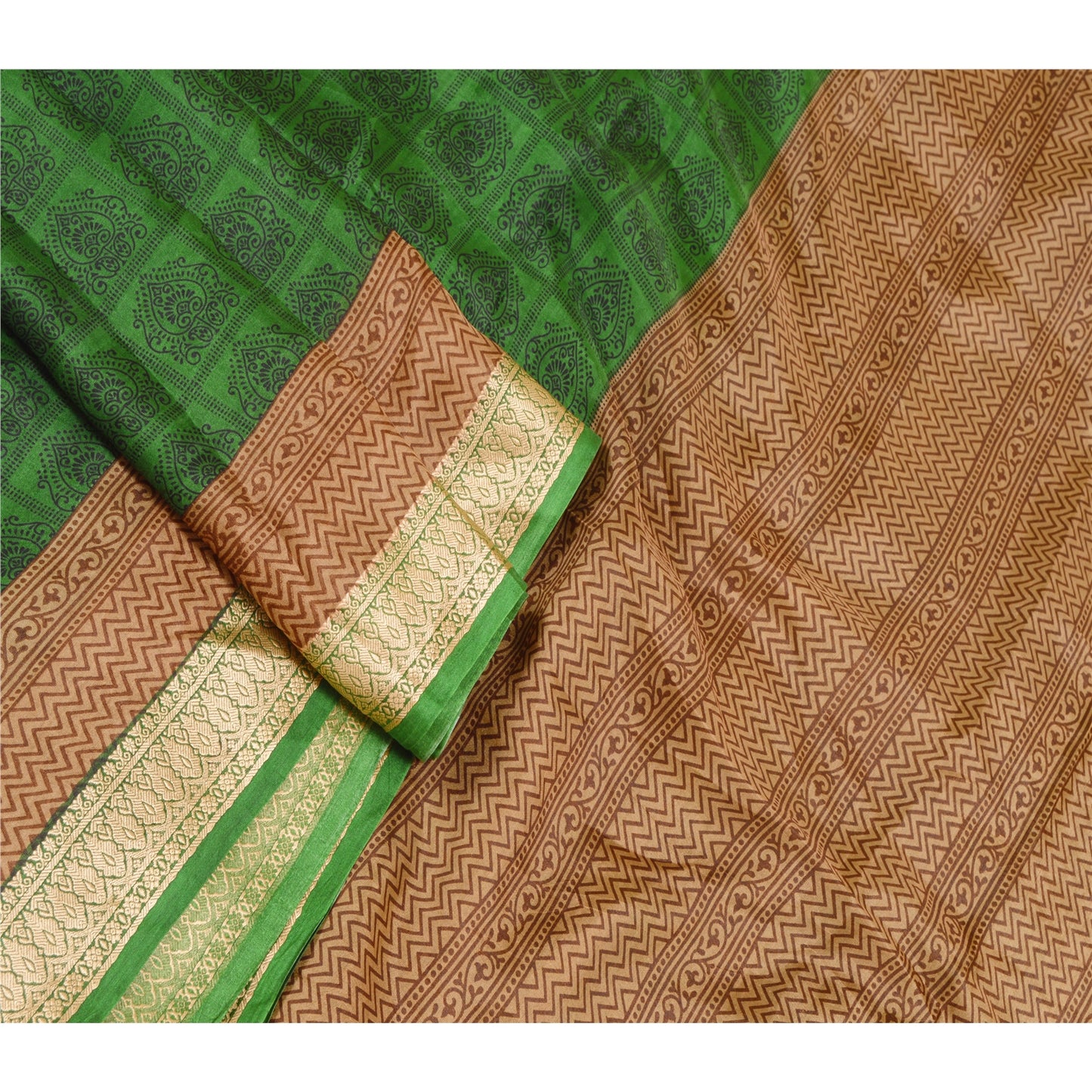 Sanskriti Vintage Green Sarees 100% Pure Silk Printed Sari Soft Sewing Sustainable Fabric