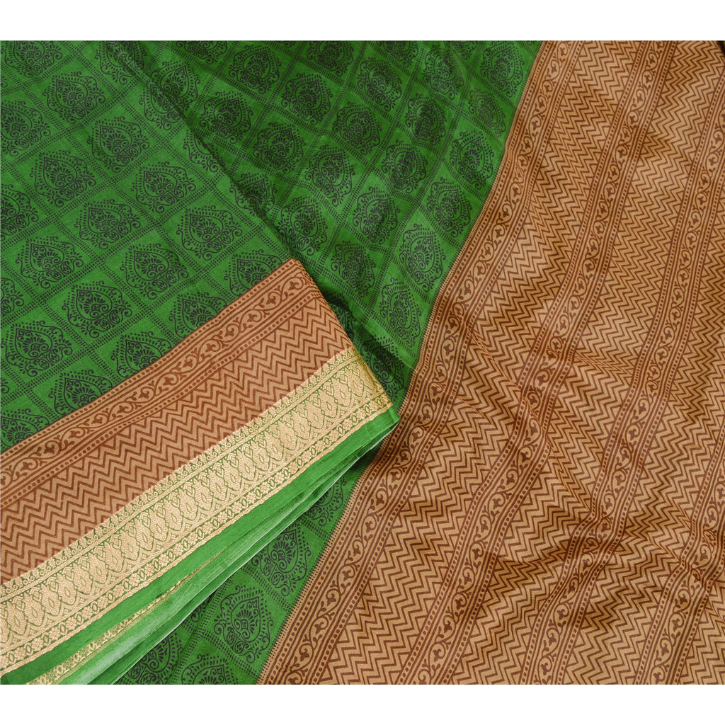 Sanskriti Vintage Green Sarees 100% Pure Silk Printed Sari Soft Sewing Sustainable Fabric