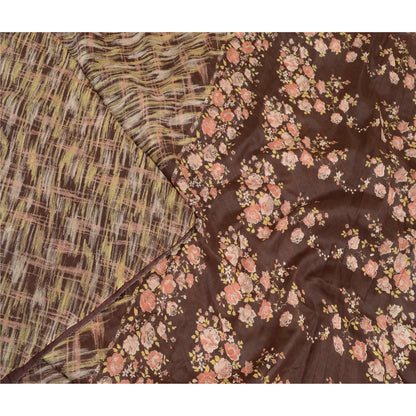 Sanskriti Vintage Coffee-Brown Sarees Pure Silk Floral Printed Sari Craft Sustainable Fabric