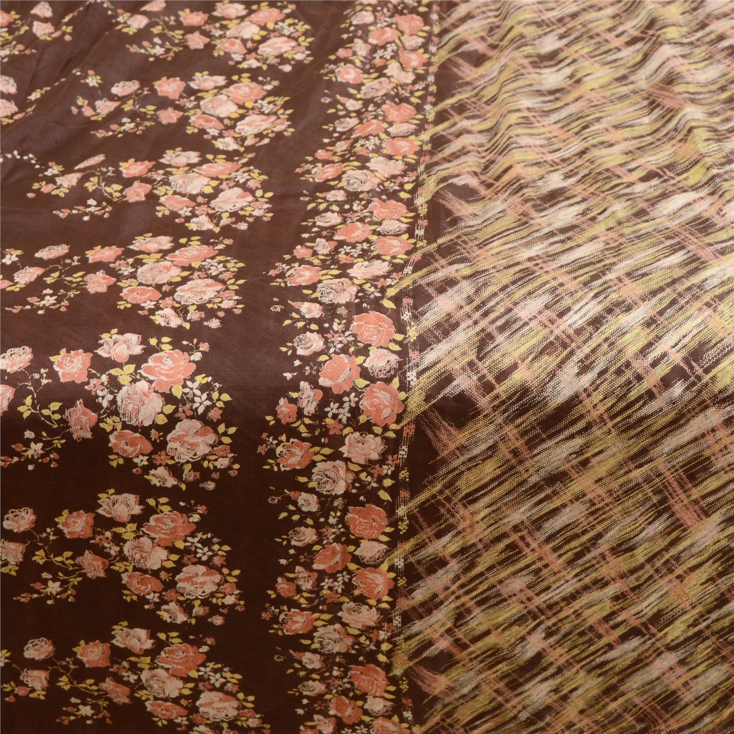 Sanskriti Vintage Coffee-Brown Sarees Pure Silk Floral Printed Sari Craft Sustainable Fabric