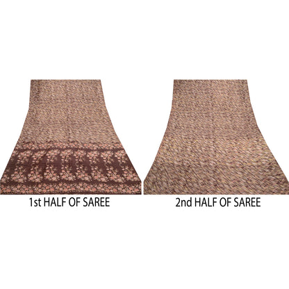 Sanskriti Vintage Coffee-Brown Sarees Pure Silk Floral Printed Sari Craft Sustainable Fabric