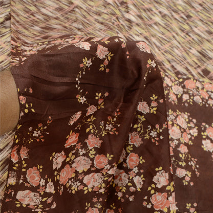 Sanskriti Vintage Coffee-Brown Sarees Pure Silk Floral Printed Sari Craft Sustainable Fabric