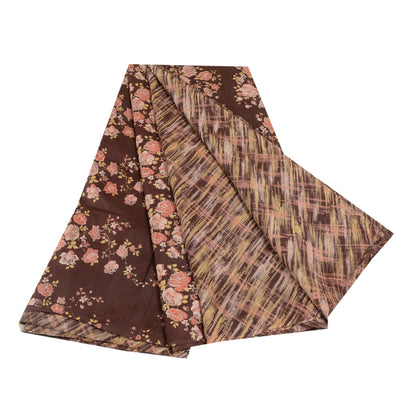 Sanskriti Vintage Coffee-Brown Sarees Pure Silk Floral Printed Sari Craft Sustainable Fabric
