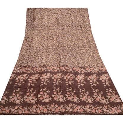 Sanskriti Vintage Coffee-Brown Sarees Pure Silk Floral Printed Sari Craft Sustainable Fabric