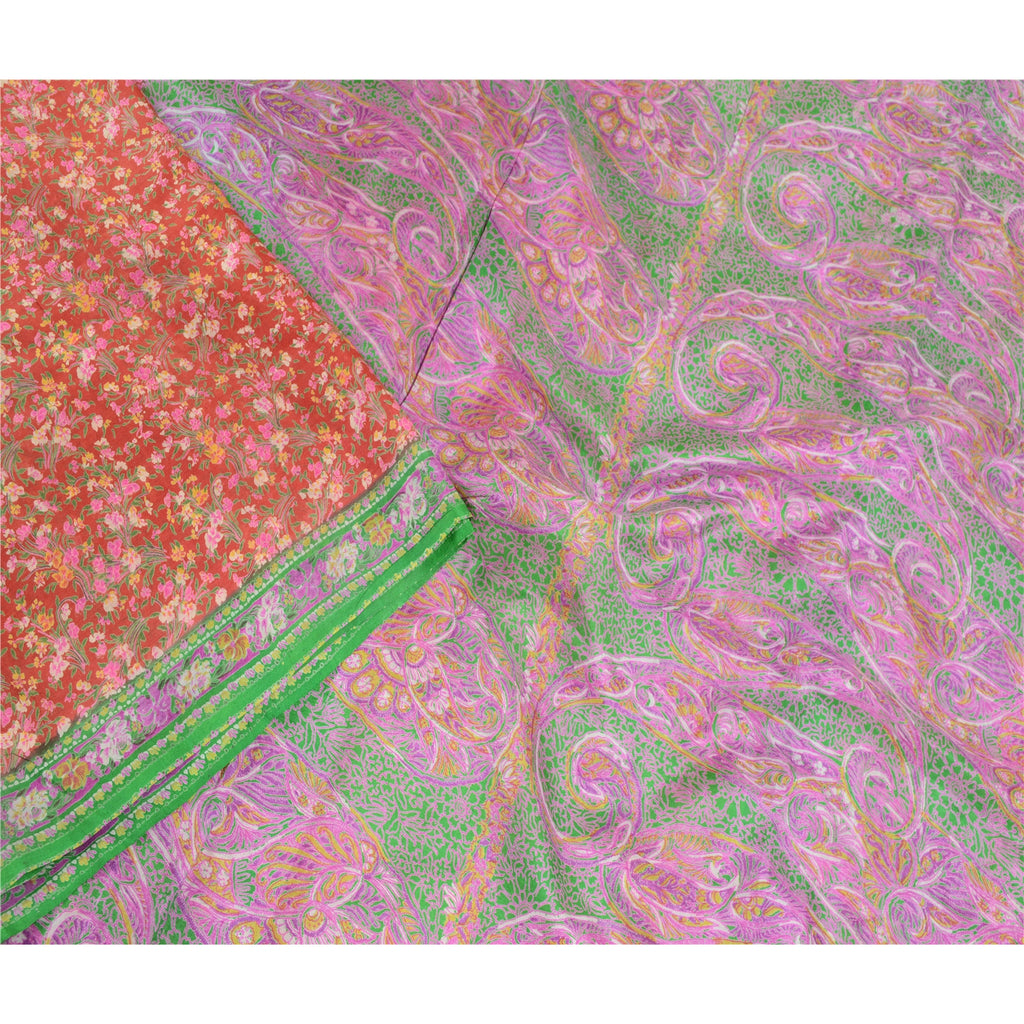 Sanskriti Vintage Red Sarees Pure Silk Printed Sari Soft Floral 5yd Craft Sustainable Fabric
