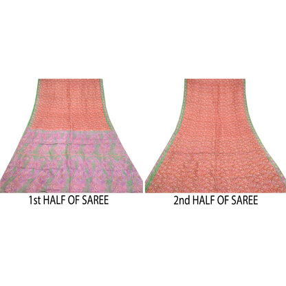 Sanskriti Vintage Red Sarees Pure Silk Printed Sari Soft Floral 5yd Craft Sustainable Fabric