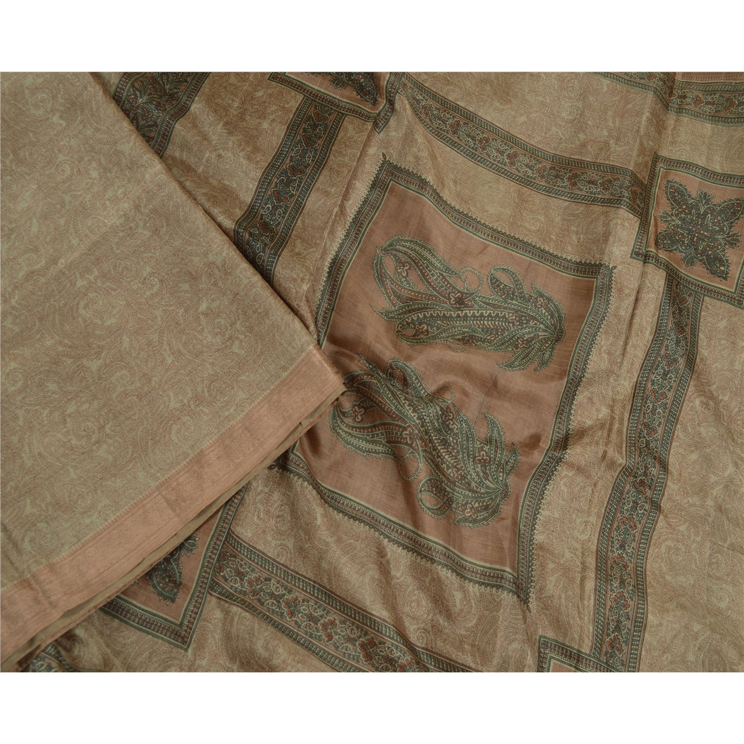 Sanskriti Vintage Brown Sarees 100% Pure Silk Printed Sari Soft 5yd Craft Fabric