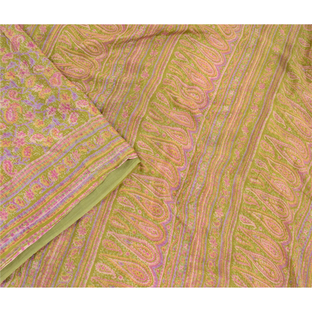 Sanskriti Vintage Green Sarees 100% Pure Silk Printed Sari Craft Sewing Fabric