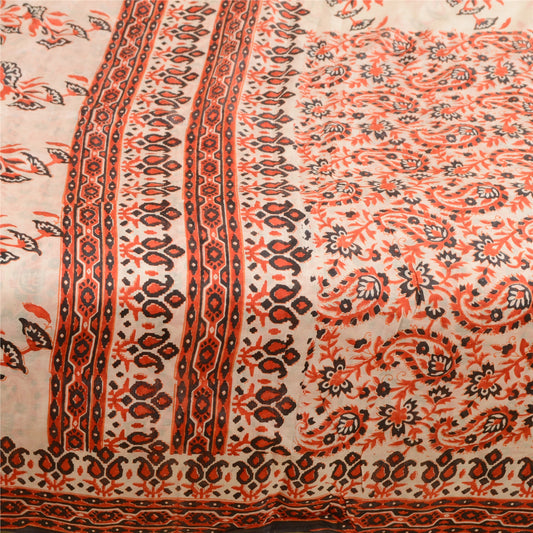 Sanskriti Vintage Ivory Sarees 100% Pure Silk Printed Sari Craft Sewing Sustainable Fabric