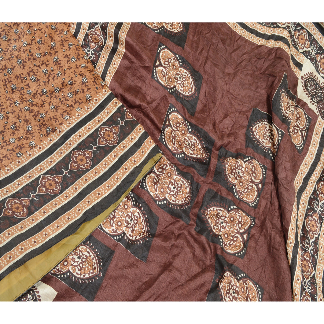 Sanskriti Vintage Brown Sarees Pure Silk Printed Sari Craft 5 Yard Soft Fabric