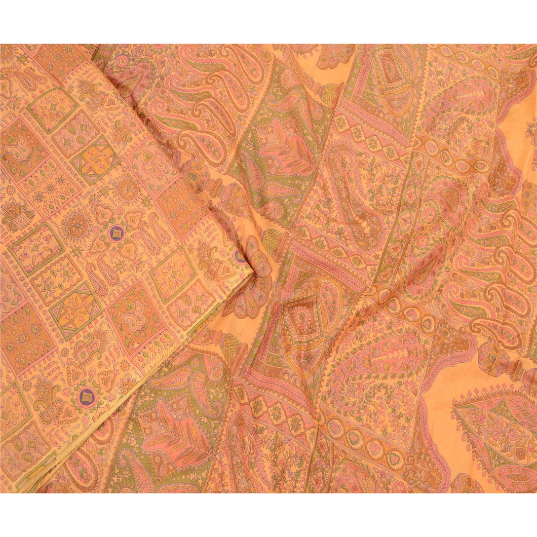 Sanskriti Vintage Orange Pure Silk Sarees Floral Printed Sari 5yd Craft Fabric