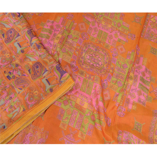Sanskriti Vintage Orange Pure Silk Sarees Printed Animal & Human Sari 5yd Sustainable Fabric