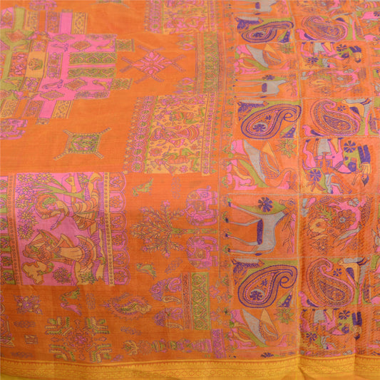 Sanskriti Vintage Orange Pure Silk Sarees Printed Animal & Human Sari 5yd Sustainable Fabric
