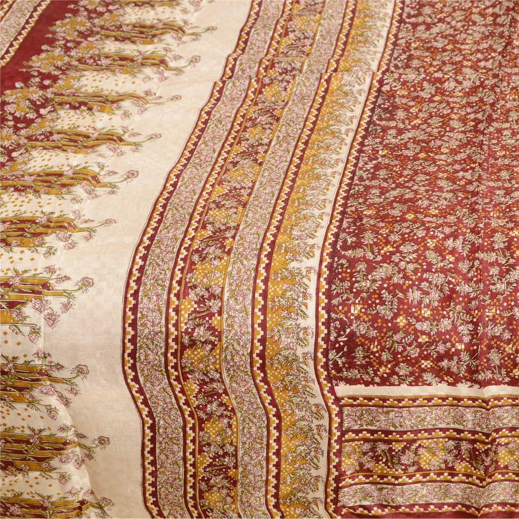 Sanskriti Vintage Dark Red Indian Pure Silk Sarees Printed Sari 5yd Craft Fabric