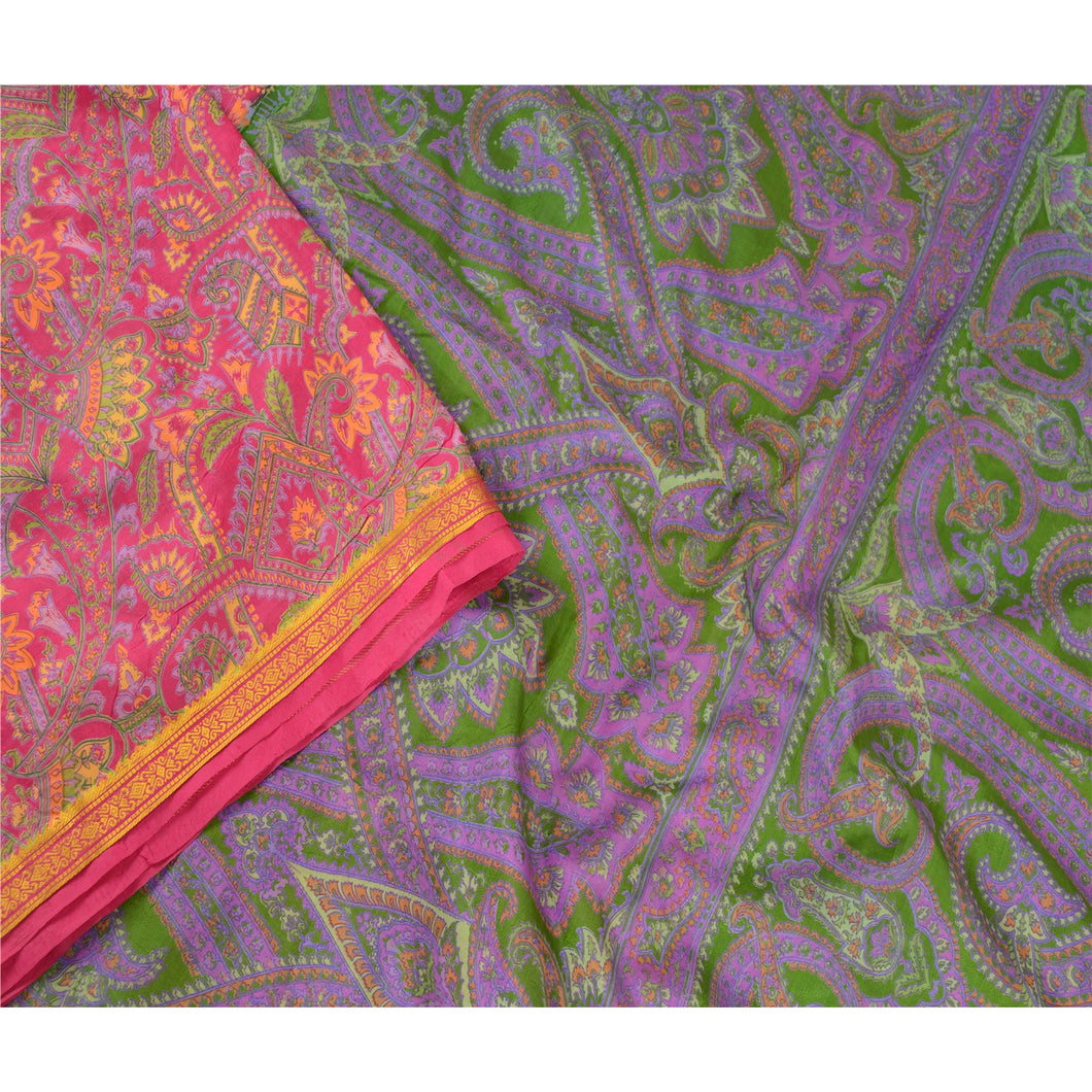 Sanskriti Vintage Hot Pink Art Silk Sarees Printed Zari Border Sari Craft Fabric