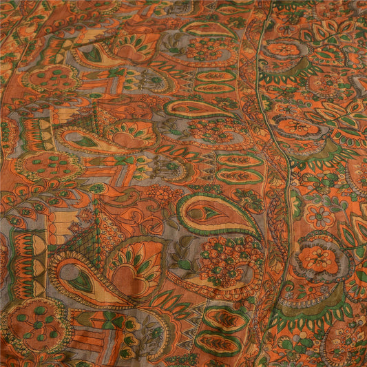 Sanskriti Vintage Orange Pure Silk Sarees Printed Sari Floral 5yd Craft Sustainable Fabric