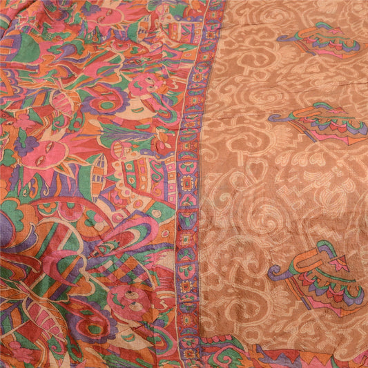 Sanskriti Vintage Brown Indian Pure Silk Sarees Printed Sari Floral Craft Sustainable Fabric
