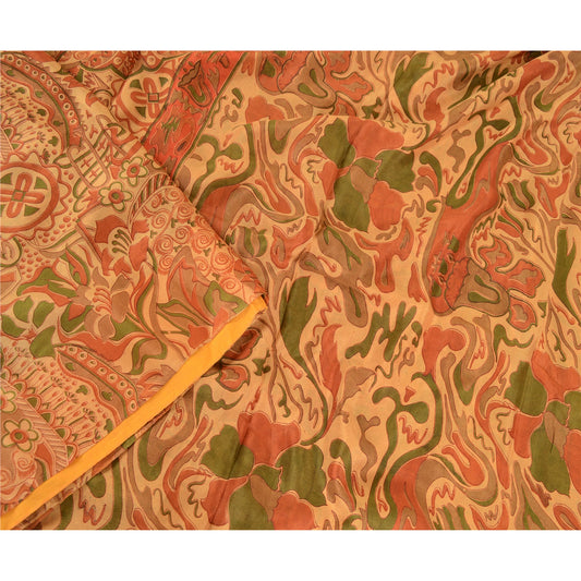 Sanskriti Vintage Saffron Indian Pure Silk Sarees Printed Sari 5yd Craft Sustainable Fabric