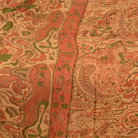 Sanskriti Vintage Saffron Indian Pure Silk Sarees Printed Sari 5yd Craft Sustainable Fabric