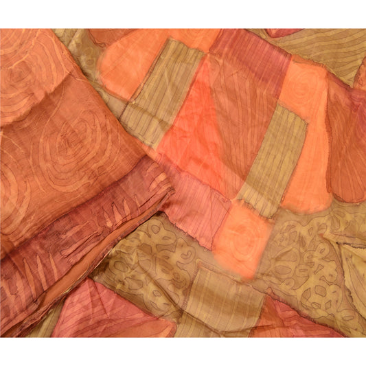 Sanskriti Vintage Sarees Dark Peach Pure Silk Printed Sari Craft 5YD Sustainable Fabric