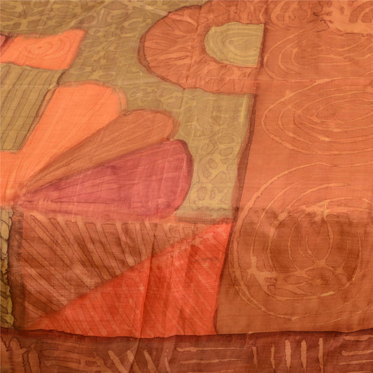 Sanskriti Vintage Sarees Dark Peach Pure Silk Printed Sari Craft 5YD Sustainable Fabric