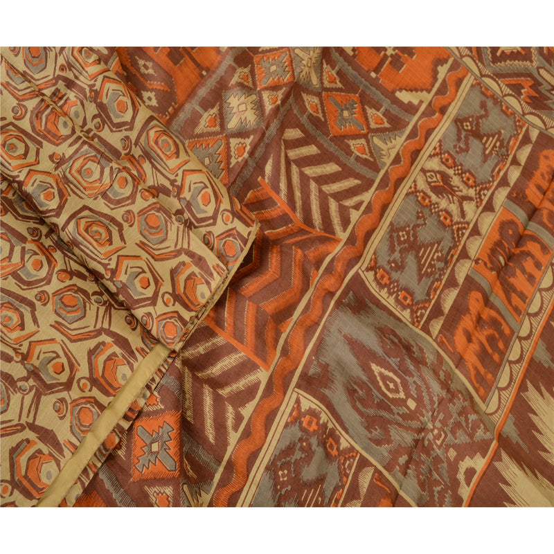 Sanskriti Vintage Beige Indian Sarees 100% Pure Silk Printed Sari Craft Sustainable Fabric