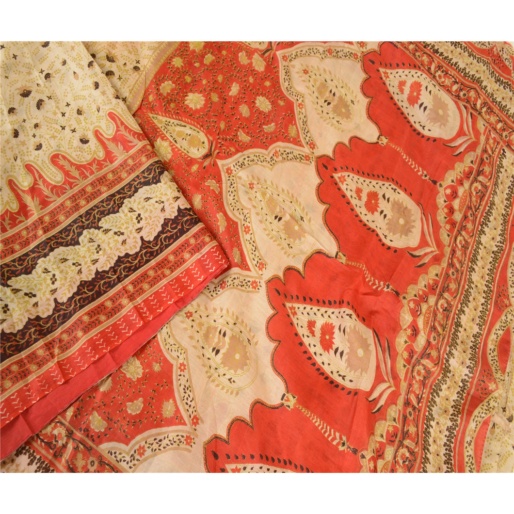 Sanskriti Vintage Cream Indian Sarees Pure Silk Printed Sari 5yd Craft Fabric