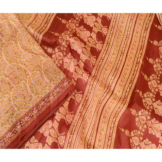 Sanskriti Vintage Cream Indian Sarees Pure Silk Printed Sari Floral Craft Sustainable Fabric