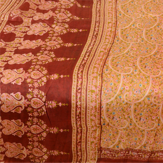 Sanskriti Vintage Cream Indian Sarees Pure Silk Printed Sari Floral Craft Sustainable Fabric