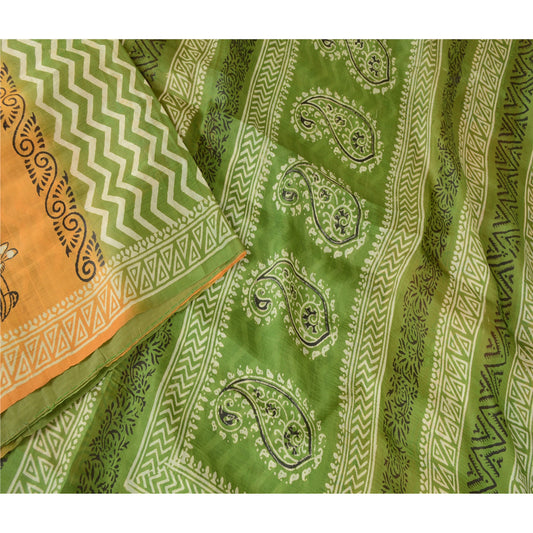 Sanskriti Vintage Green Printed Sarees Pure Silk Sari Floral 5yd Craft Sustainable Fabric