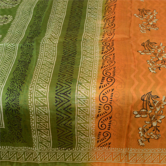 Sanskriti Vintage Green Printed Sarees Pure Silk Sari Floral 5yd Craft Sustainable Fabric