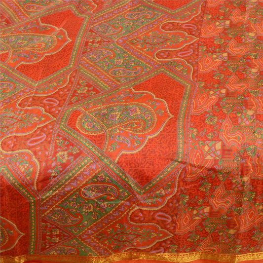 Sanskriti Vintage Red Printed Zari Border Sarees Pure Silk Sari 5yd Craft Sustainable Fabric