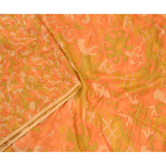 Sanskriti Vintage Orange Sarees Pure Silk Indian Printed Sari 5yd Craft Sustainable Fabric