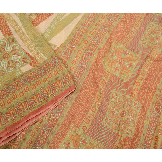 Sanskriti Vintage Red Hand Beaded Sarees Pure Silk Printed Sari 5yd Craft Sustainable Fabric