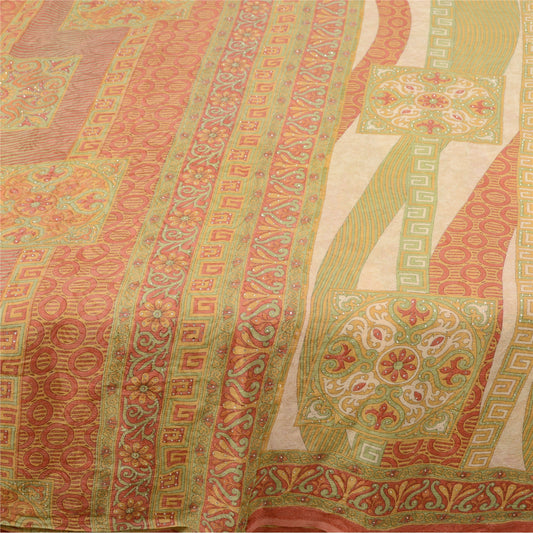 Sanskriti Vintage Red Hand Beaded Sarees Pure Silk Printed Sari 5yd Craft Sustainable Fabric