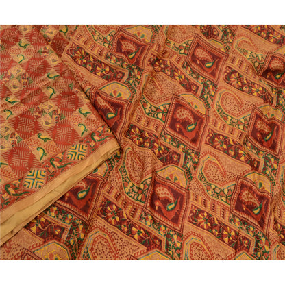 Sanskriti Vintage Red Peacock Printed Sarees Pure Silk Sari Soft Sewing Sustainable Fabric