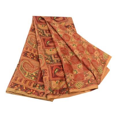 Sanskriti Vintage Red Peacock Printed Sarees Pure Silk Sari Soft Sewing Sustainable Fabric